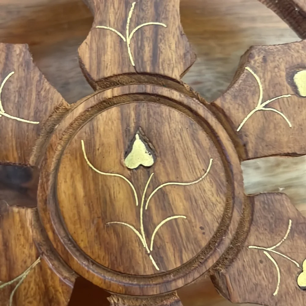 Vintage Boho Inlaid Brass and Wood Wall Key Hanger / Jewelry Hanger.